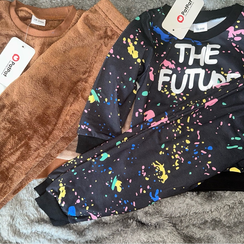 Black and Multicolor Splatter Print sweatsuit Sets and fuzzy brown set